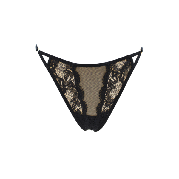 Tanga noir en dentelle avec bijou losanges dorés 